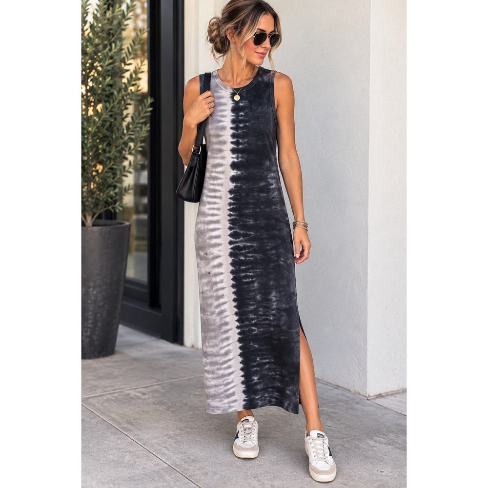 Rails Black Grey Tie Dye Sleeveless Midi Dress Side Slit Crew Neck Size M
